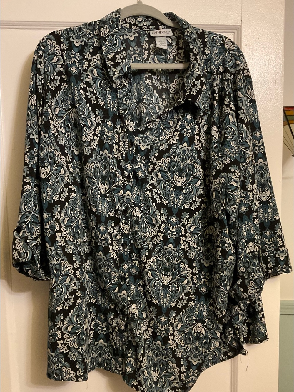 Catherines Teal and Black Floral Button-Down Blouse